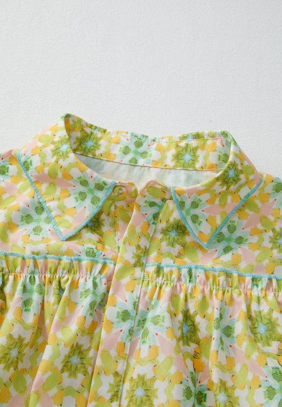 Frill Printed Collared Neck Long Sleeve Blouse - Clothes For Her Online Store