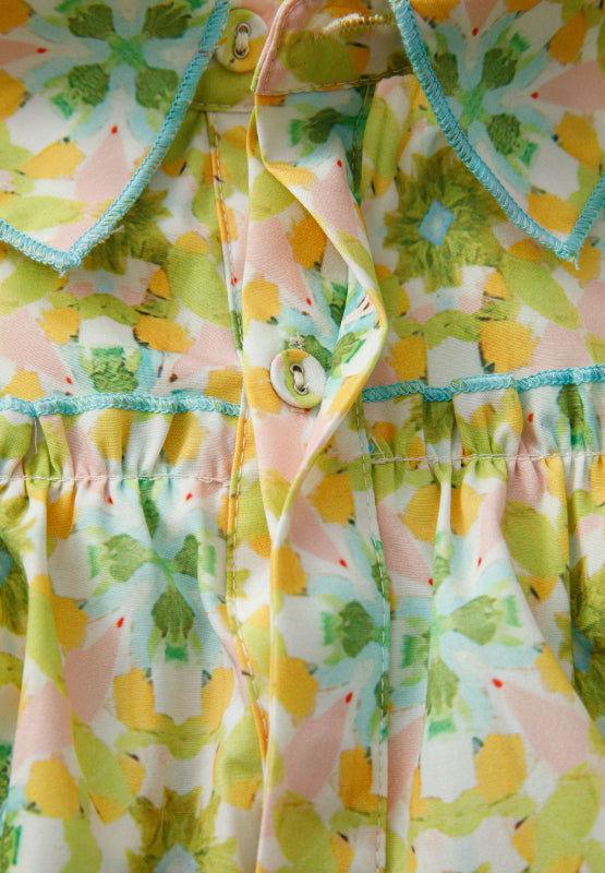 Frill Printed Collared Neck Long Sleeve Blouse - Clothes For Her Online Store