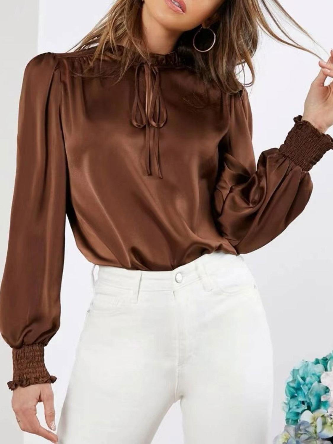 Frill Tied Lantern Sleeve Blouse - Clothes For Her Online Store