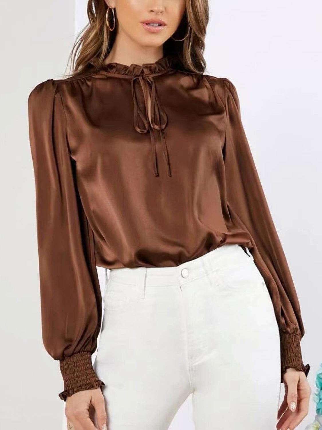 Frill Tied Lantern Sleeve Blouse - Clothes For Her Online Store