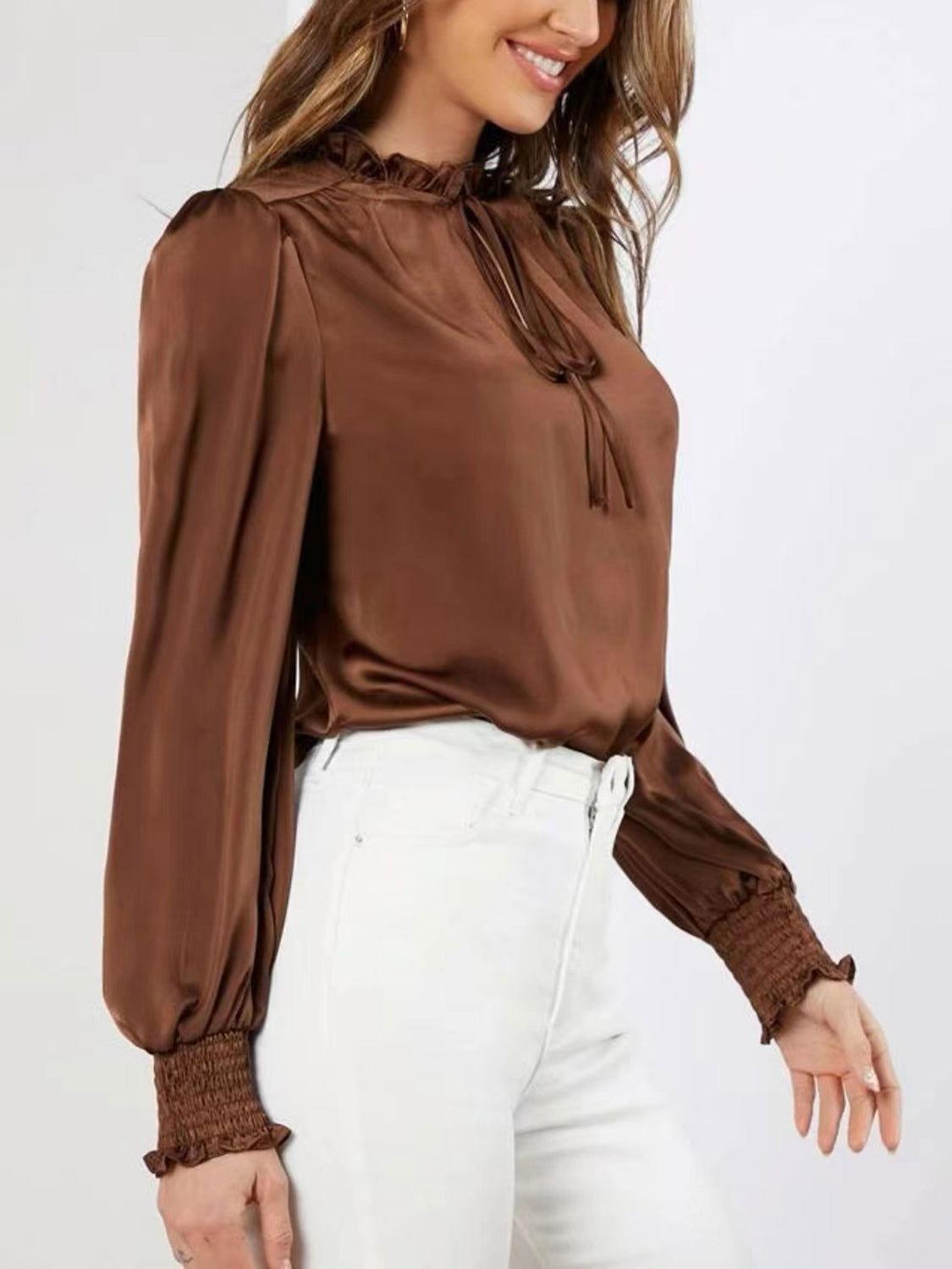 Frill Tied Lantern Sleeve Blouse - Clothes For Her Online Store