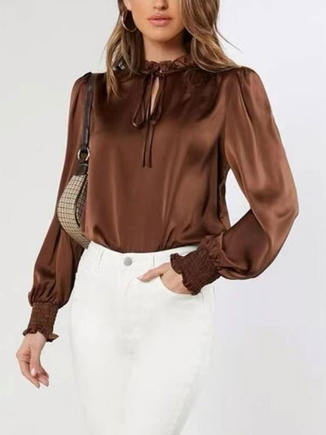 Frill Tied Lantern Sleeve Blouse - Clothes For Her Online Store