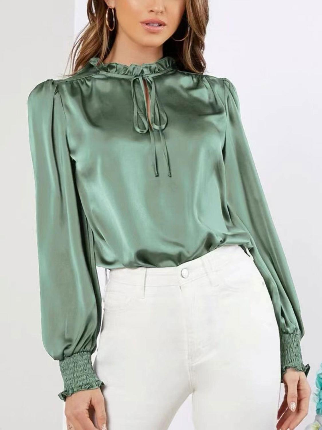 Frill Tied Lantern Sleeve Blouse - Clothes For Her Online Store