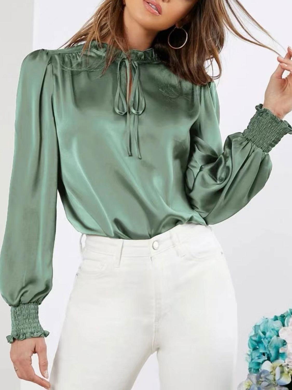 Frill Tied Lantern Sleeve Blouse - Clothes For Her Online Store