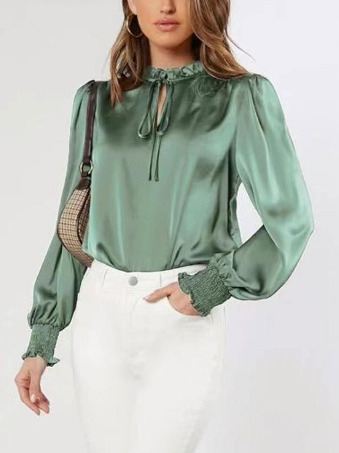 Frill Tied Lantern Sleeve Blouse - Clothes For Her Online Store