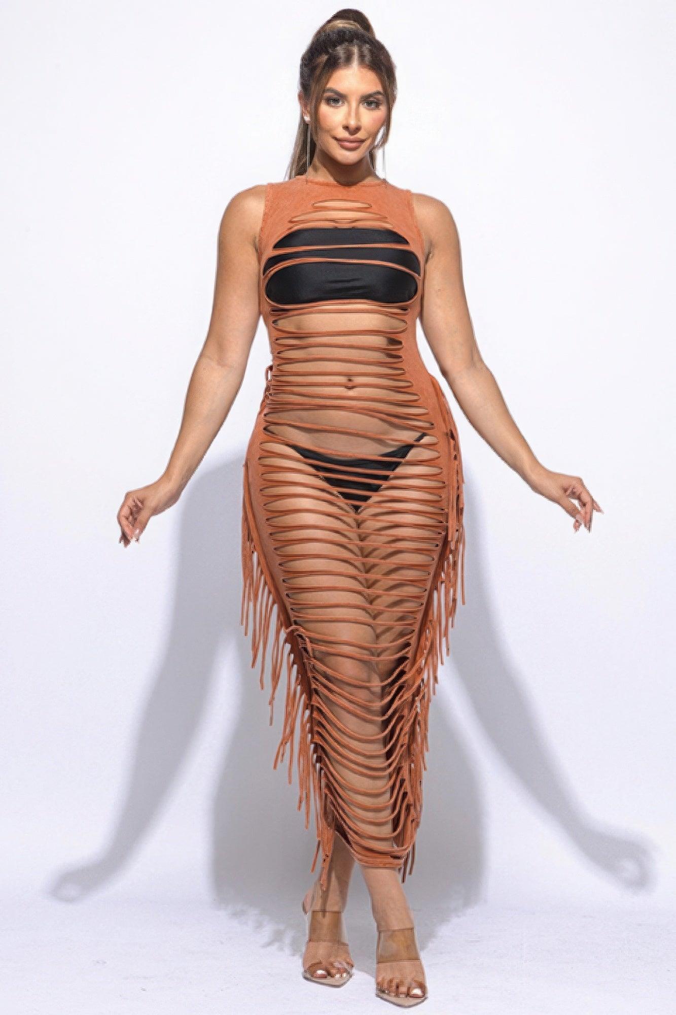 Fringe Cut Out Maxi Dress - Clothes For Her Online Store