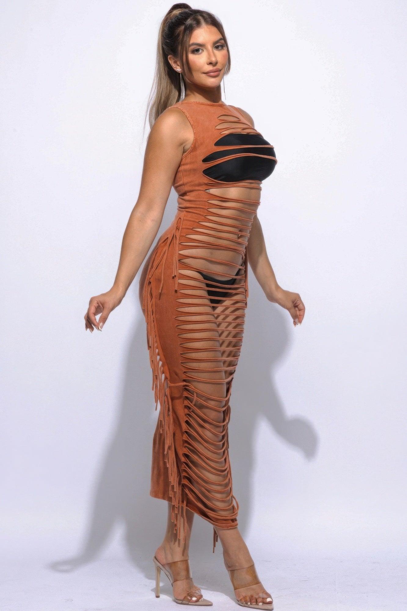Fringe Cut Out Maxi Dress - Clothes For Her Online Store