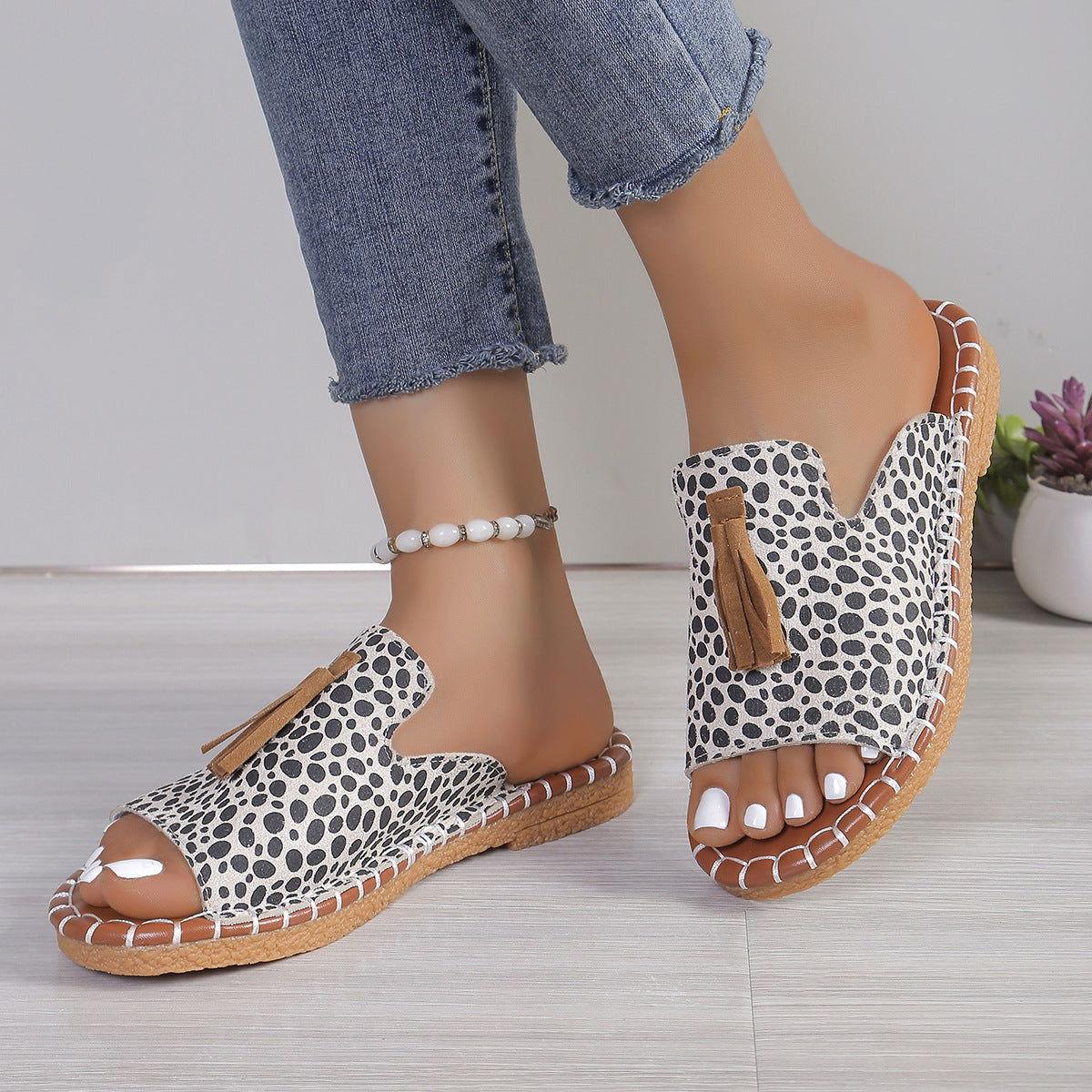 Fringe Leopard Open Toe Sandals - Clothes For Her Online Store