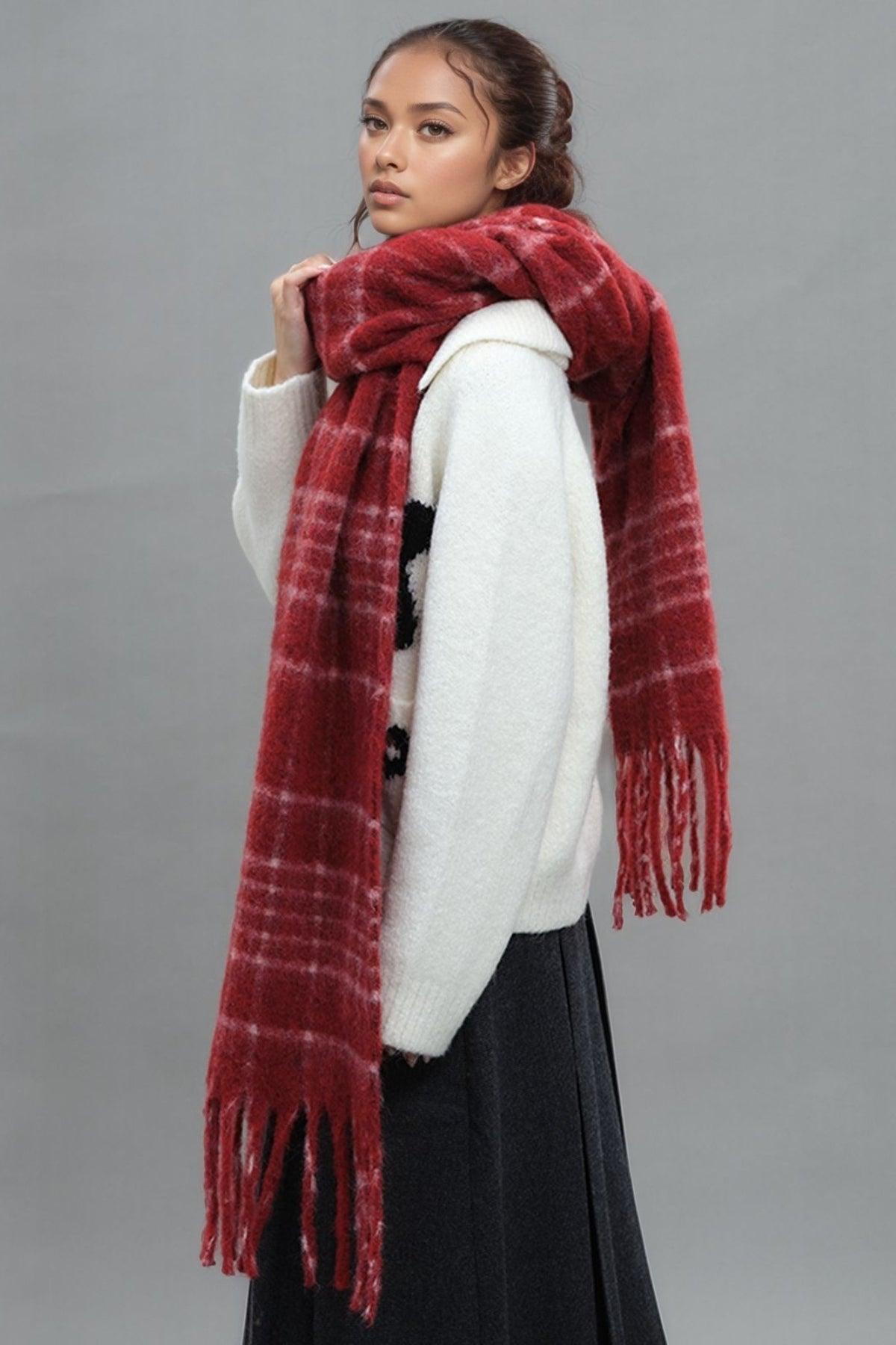 Fringe Plaid Thermal Scarf - Clothes For Her Online Store