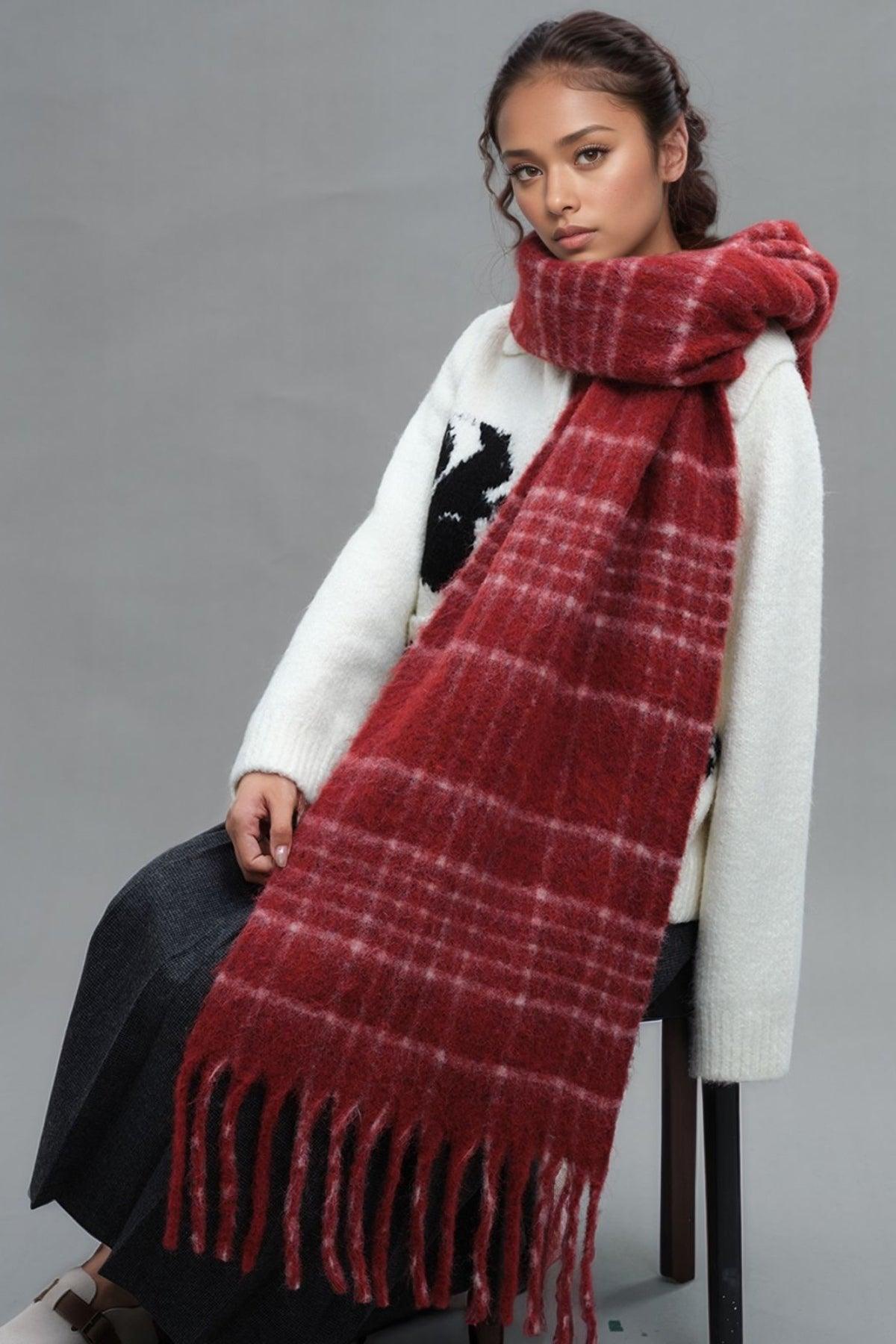 Fringe Plaid Thermal Scarf - Clothes For Her Online Store