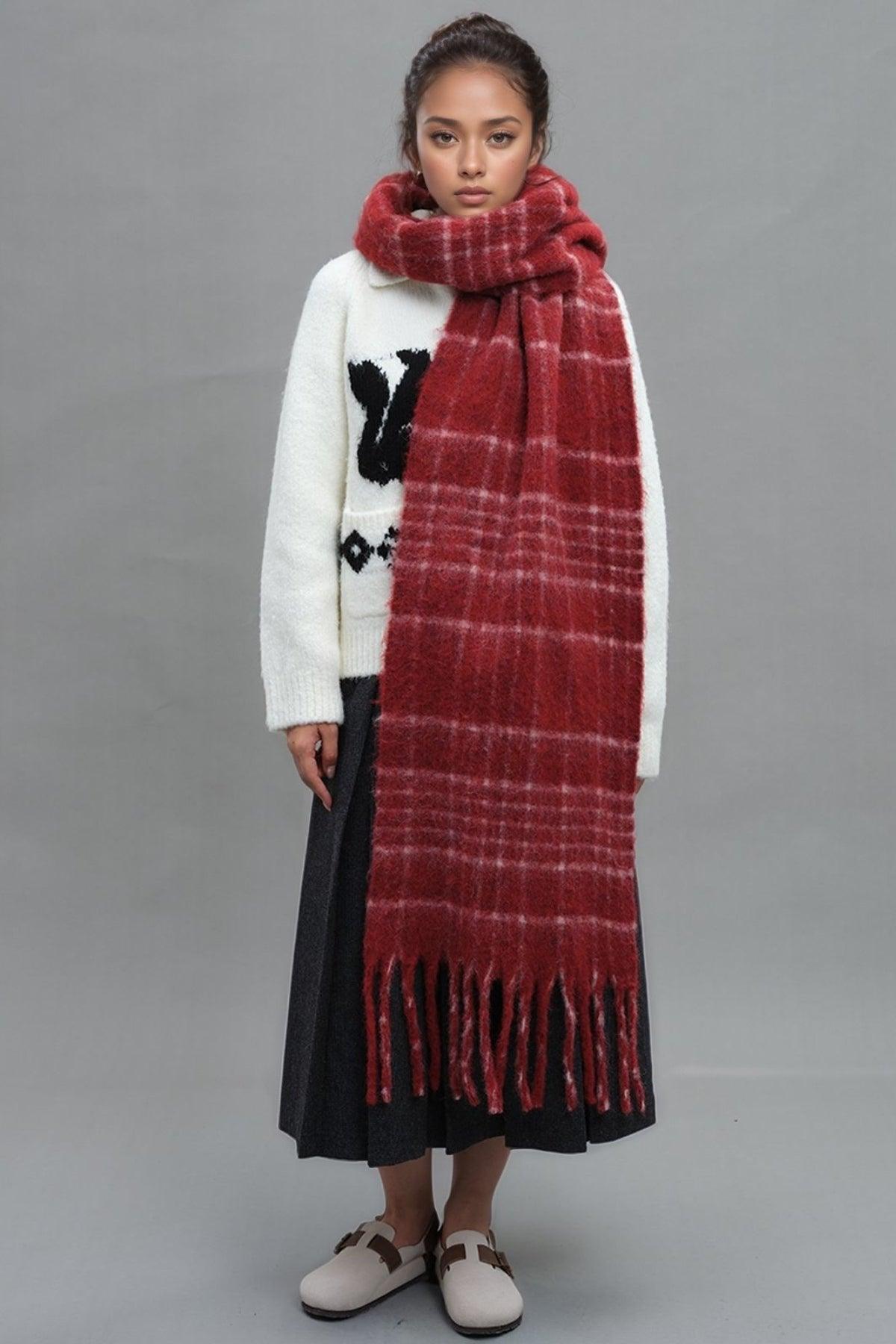 Fringe Plaid Thermal Scarf - Clothes For Her Online Store