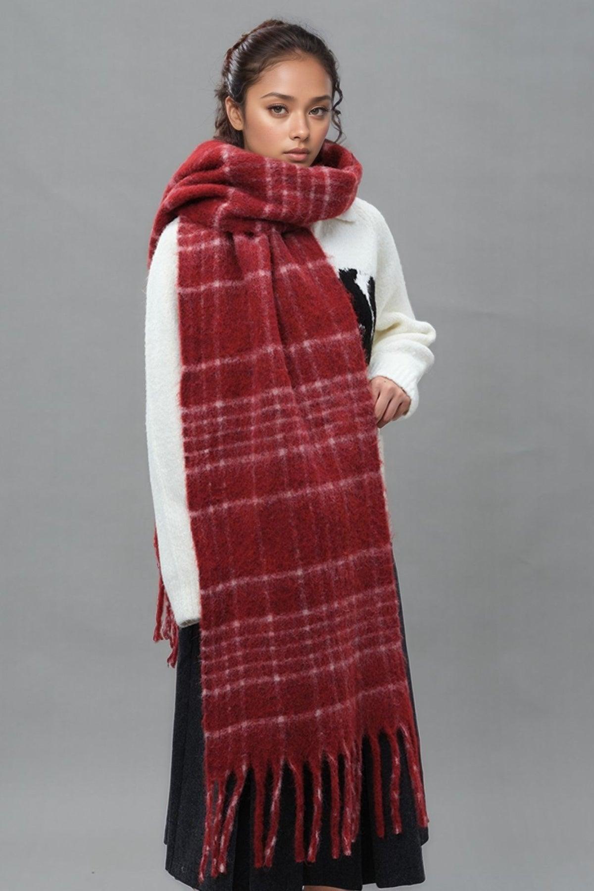 Fringe Plaid Thermal Scarf - Clothes For Her Online Store