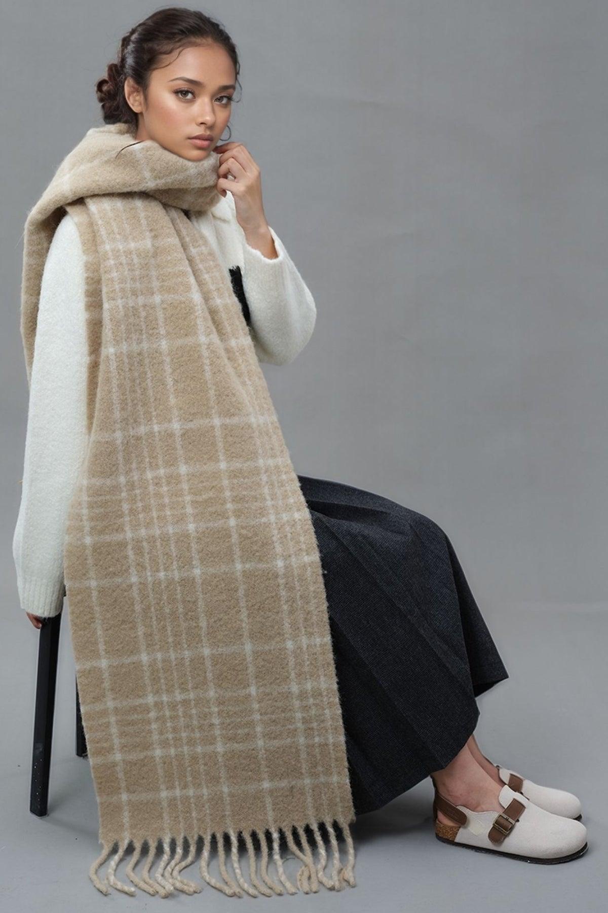 Fringe Plaid Thermal Scarf - Clothes For Her Online Store