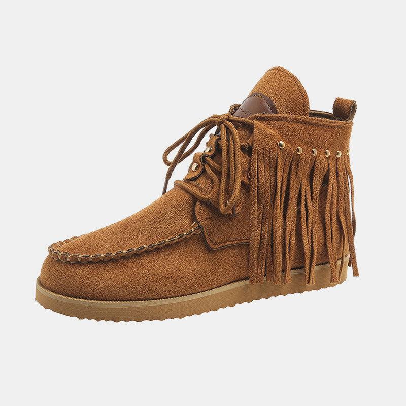 Fringe Studded Round Toe Canvas Boots - Clothes For Her Online Store