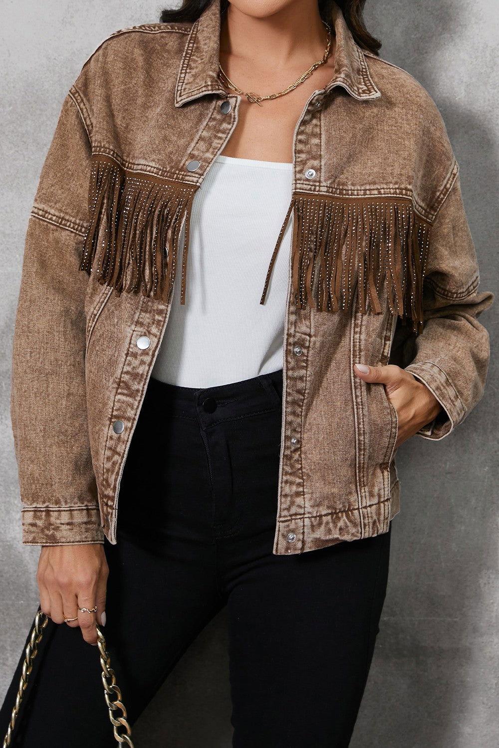 Fringe Trim Snap Down Denim Jacket - Clothes For Her Online Store