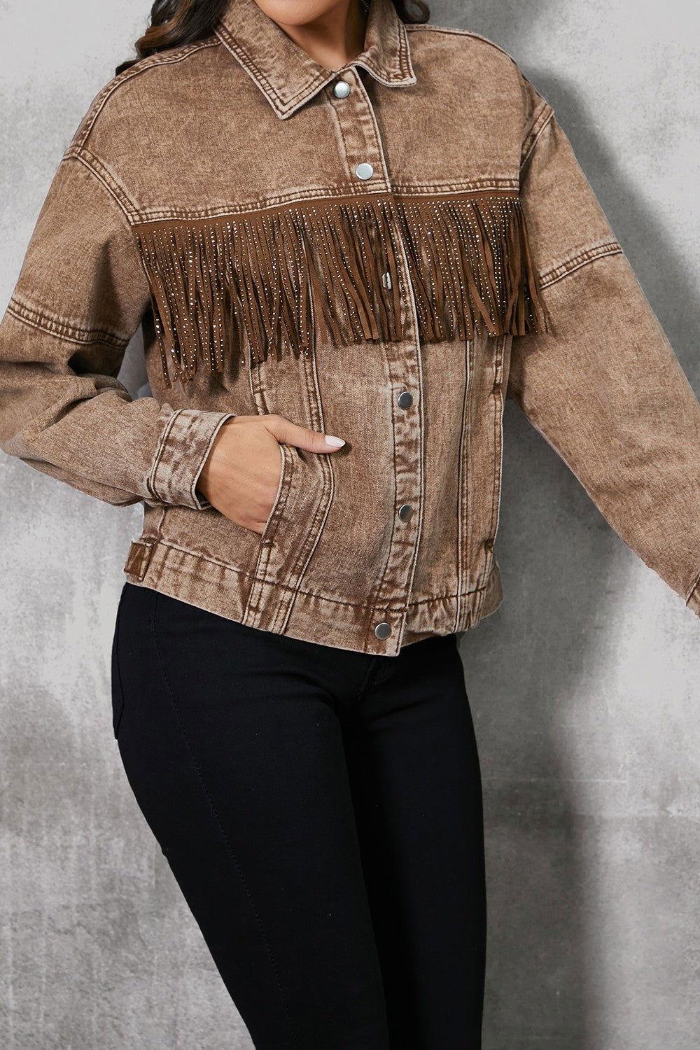 Fringe Trim Snap Down Denim Jacket - Clothes For Her Online Store