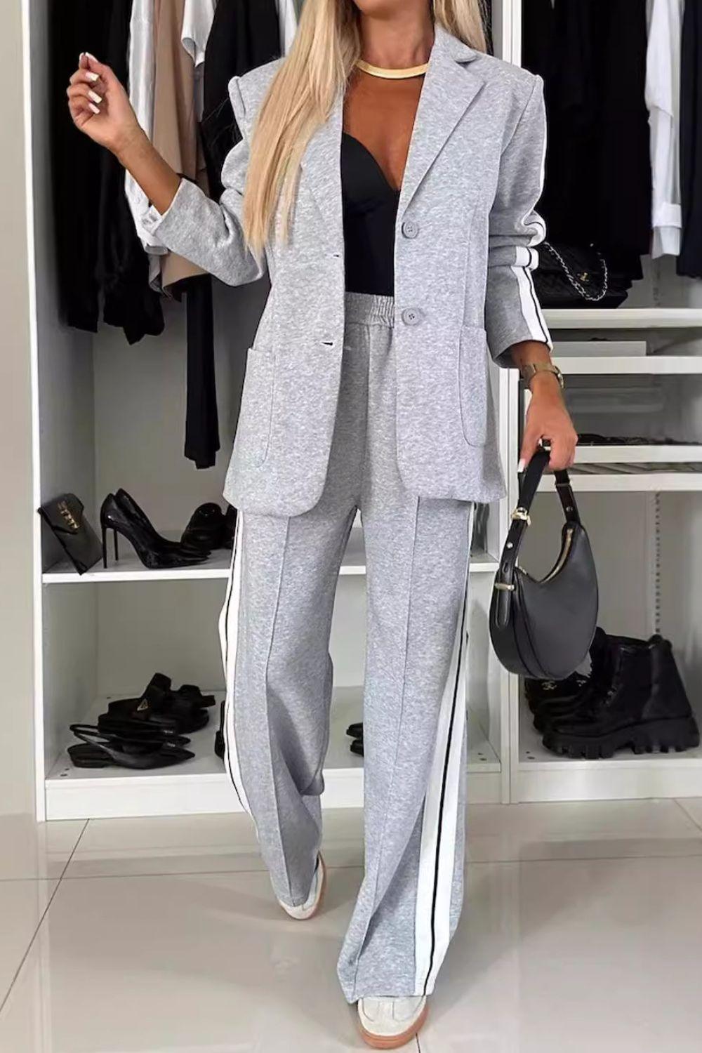 Full Size Contrast Lapel Collar Top and Pants Set - Clothes For Her Online Store