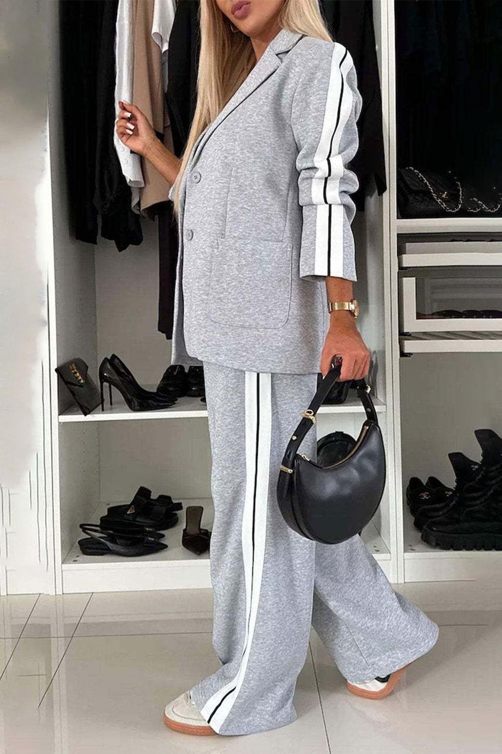 Full Size Contrast Lapel Collar Top and Pants Set - Clothes For Her Online Store