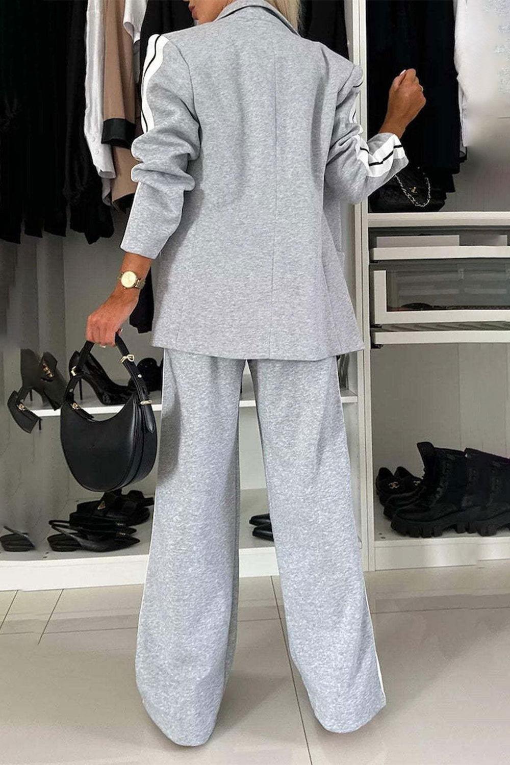 Full Size Contrast Lapel Collar Top and Pants Set - Clothes For Her Online Store