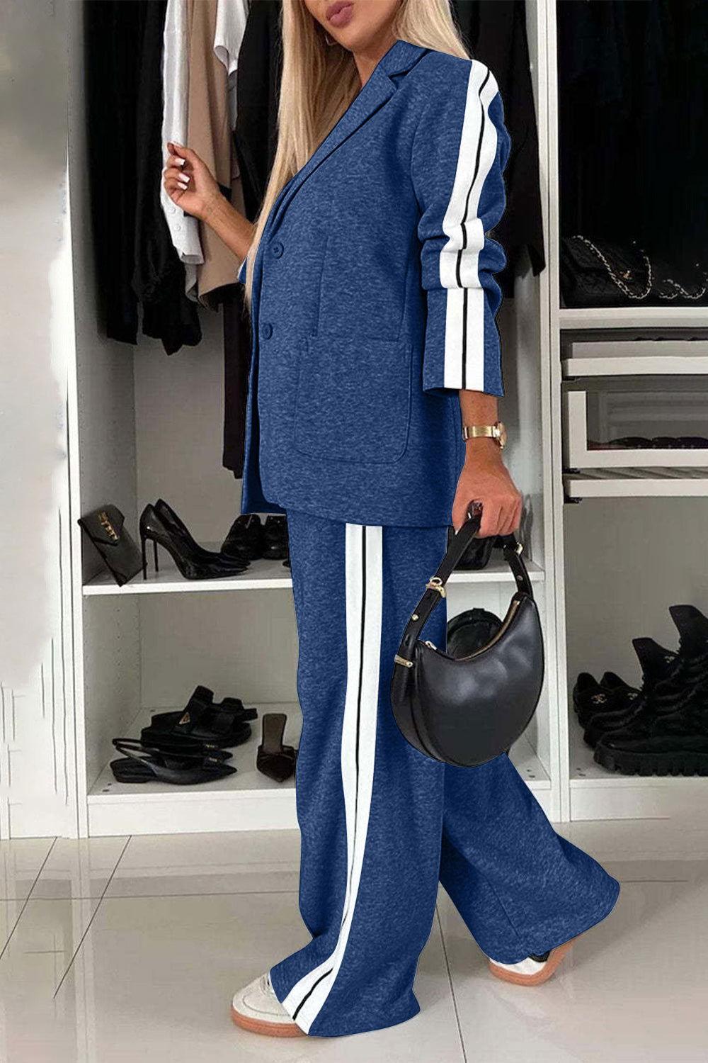 Full Size Contrast Lapel Collar Top and Pants Set - Clothes For Her Online Store
