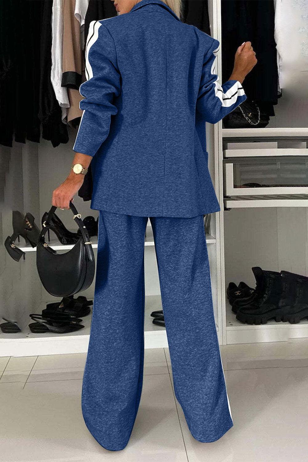 Full Size Contrast Lapel Collar Top and Pants Set - Clothes For Her Online Store