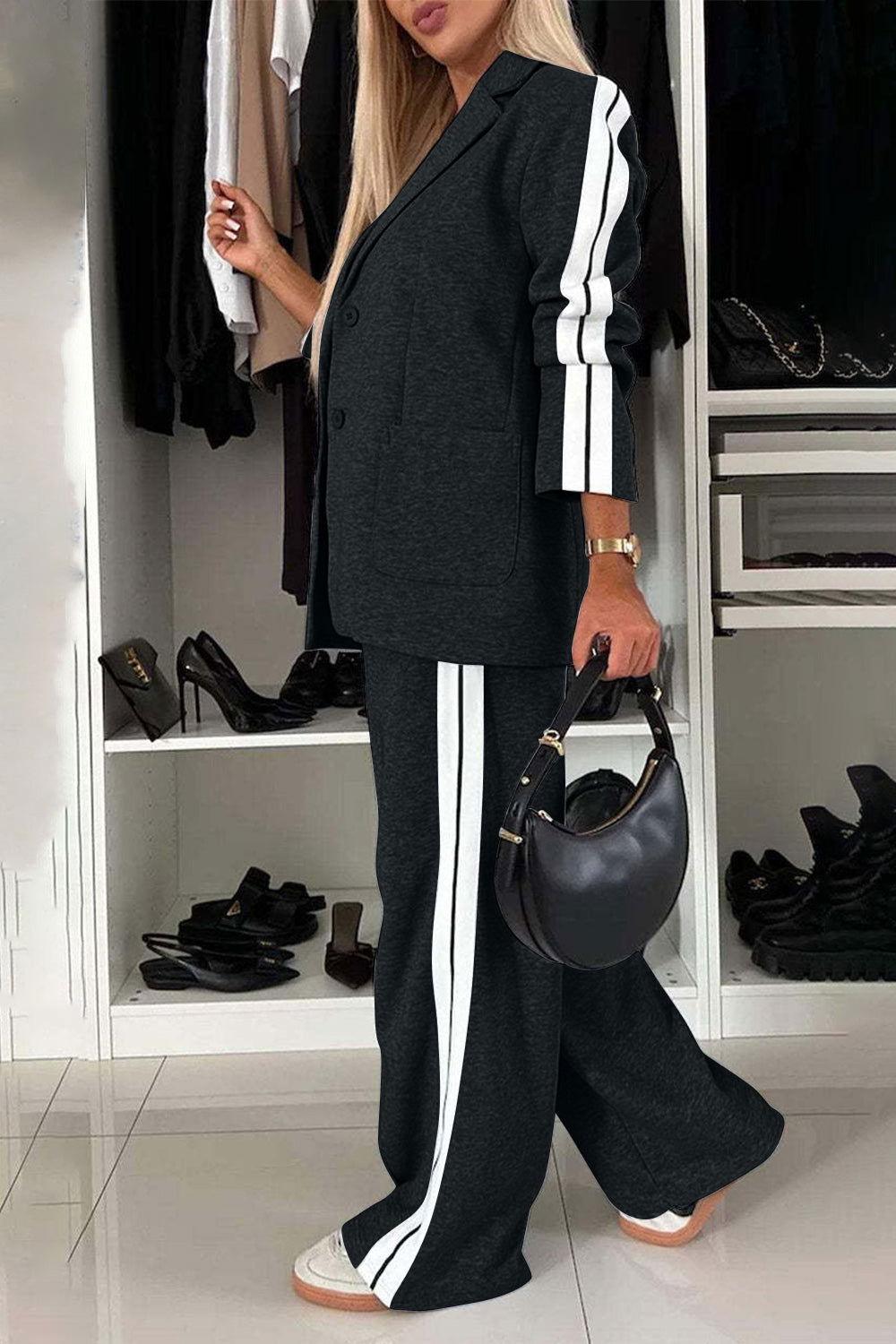 Full Size Contrast Lapel Collar Top and Pants Set - Clothes For Her Online Store