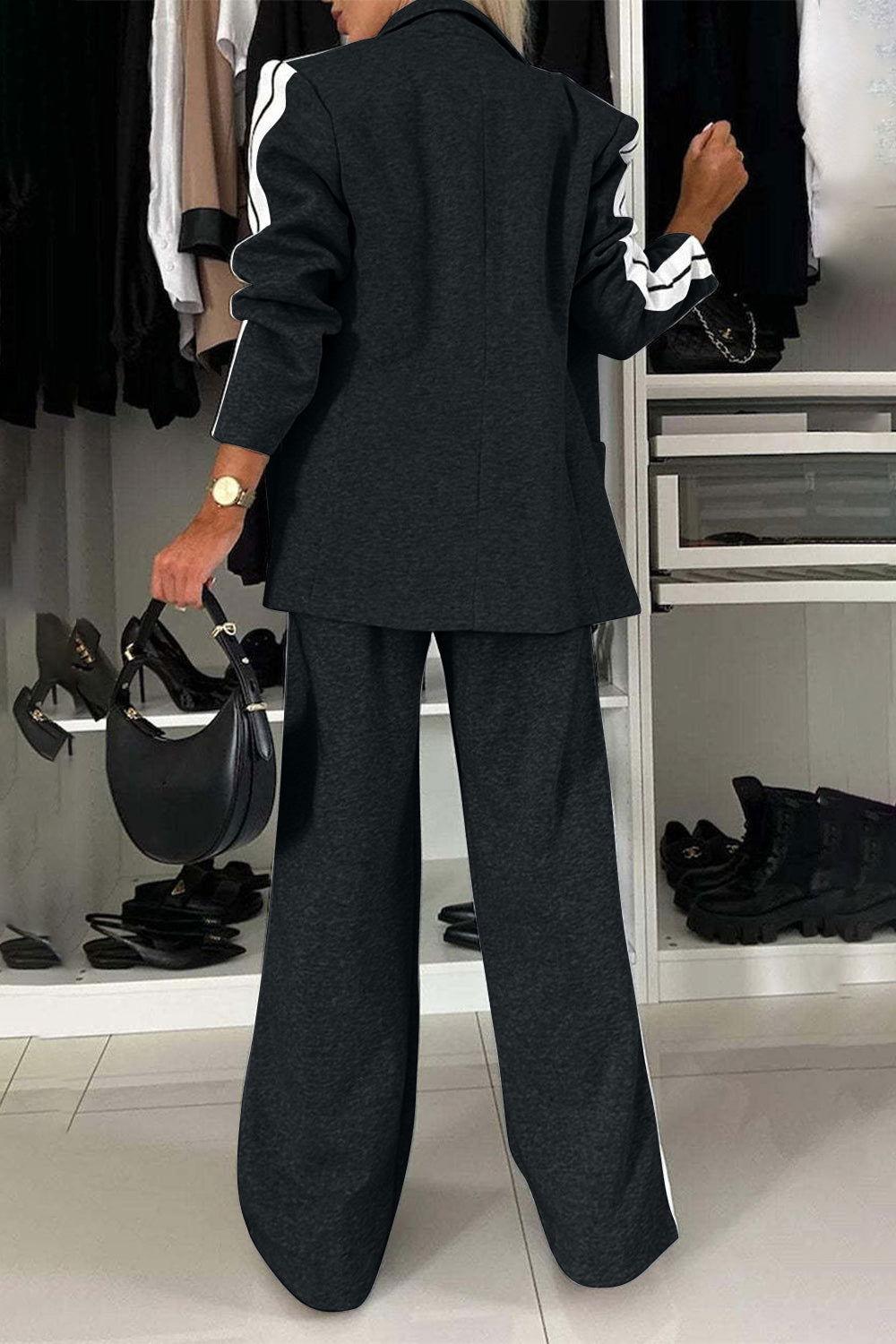 Full Size Contrast Lapel Collar Top and Pants Set - Clothes For Her Online Store
