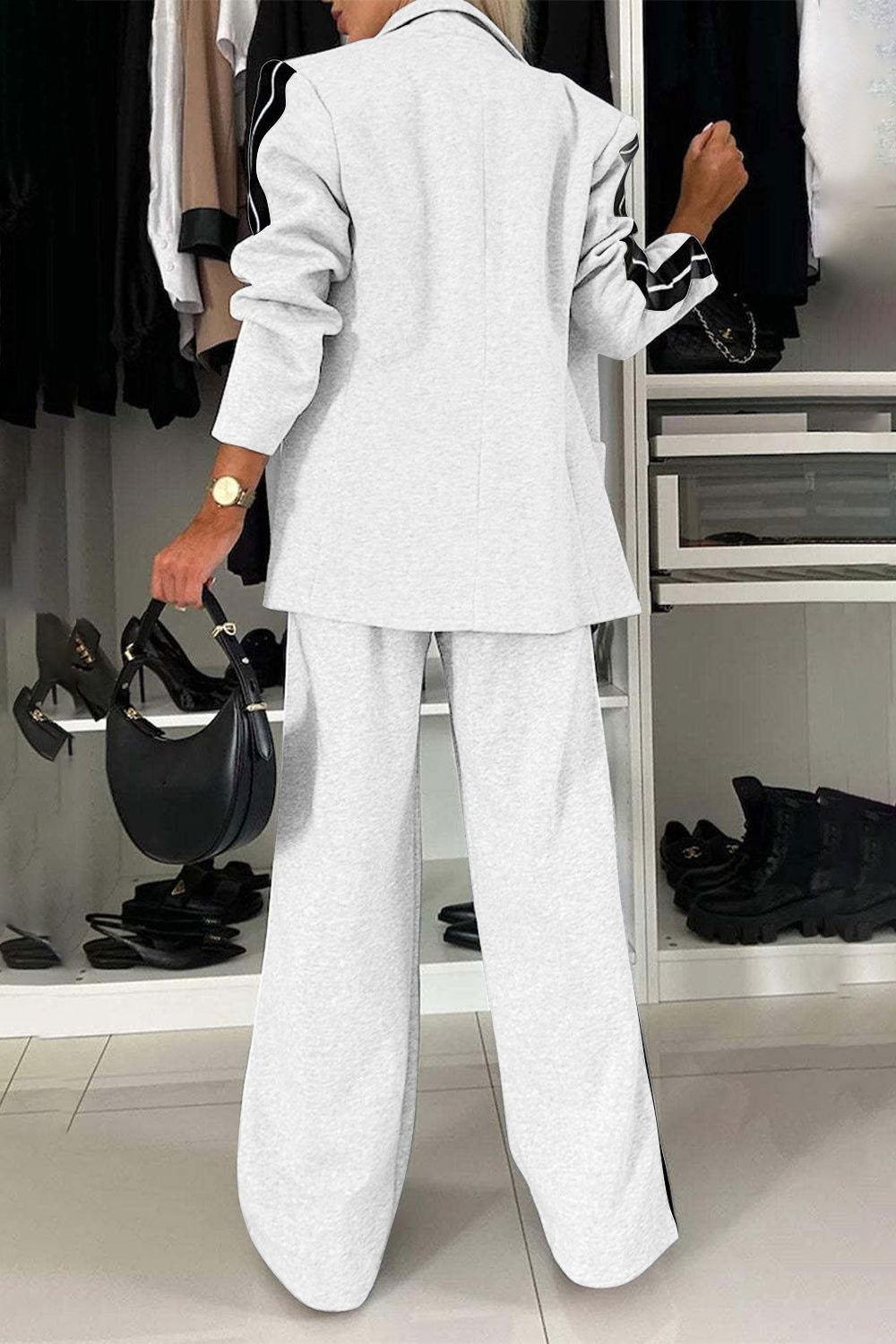 Full Size Contrast Lapel Collar Top and Pants Set - Clothes For Her Online Store