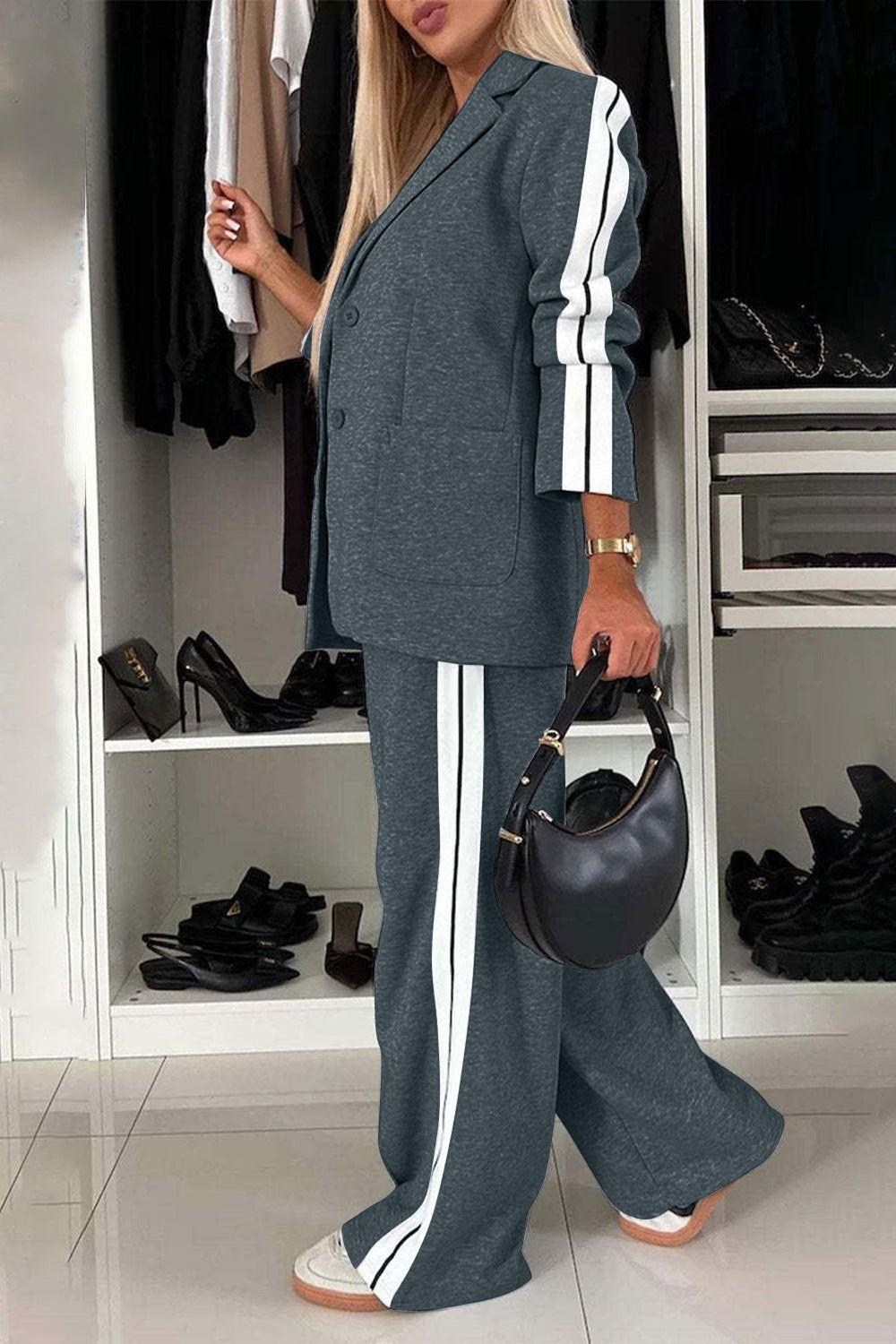 Full Size Contrast Lapel Collar Top and Pants Set - Clothes For Her Online Store