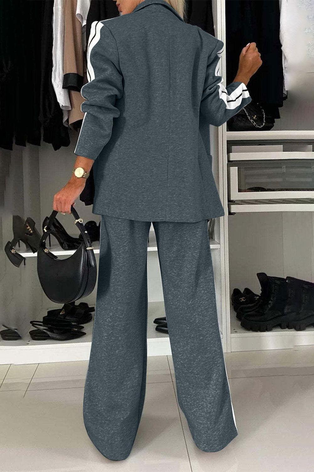 Full Size Contrast Lapel Collar Top and Pants Set - Clothes For Her Online Store