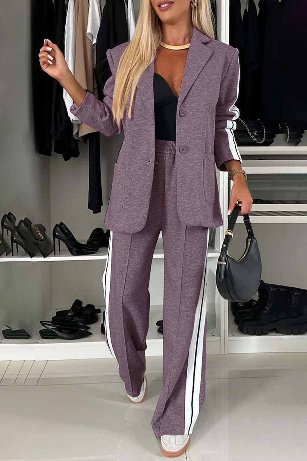 Full Size Contrast Lapel Collar Top and Pants Set - Clothes For Her Online Store