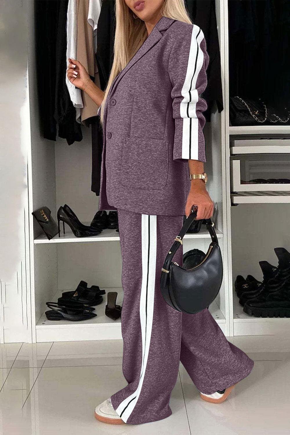 Full Size Contrast Lapel Collar Top and Pants Set - Clothes For Her Online Store