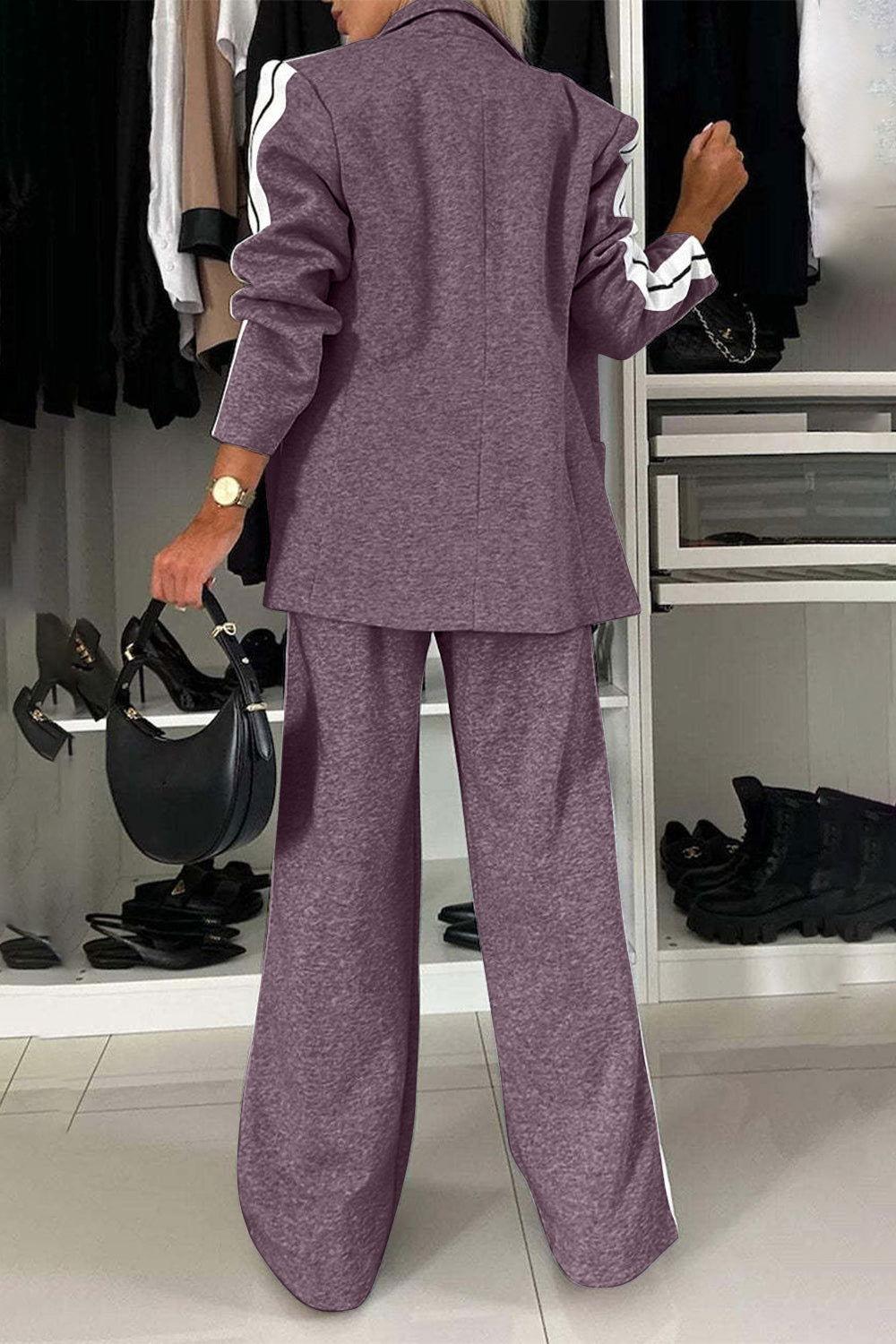 Full Size Contrast Lapel Collar Top and Pants Set - Clothes For Her Online Store