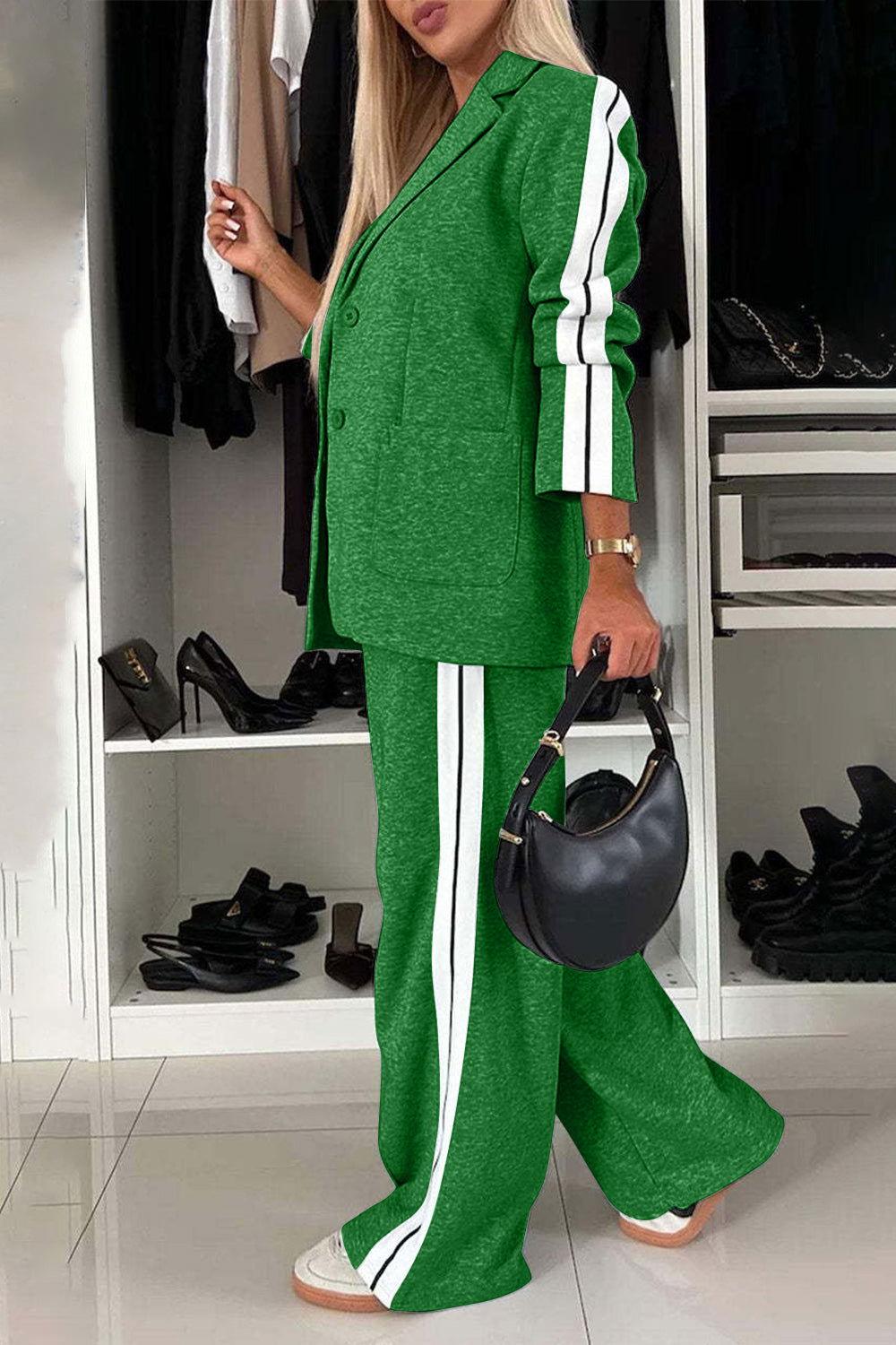 Full Size Contrast Lapel Collar Top and Pants Set - Clothes For Her Online Store