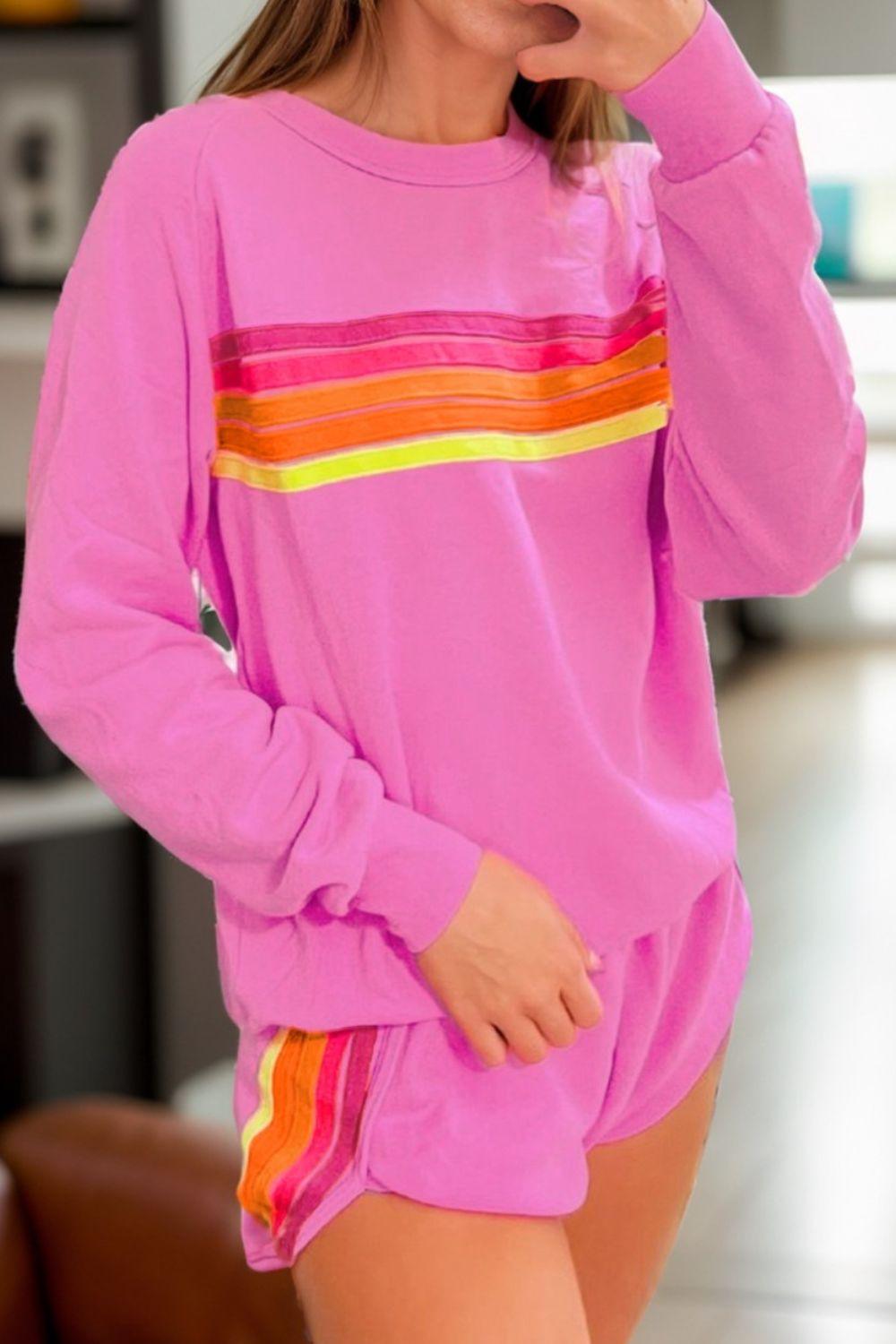 Full Size Contrast Striped Round Neck Top and Shorts Set - Clothes For Her Online Store