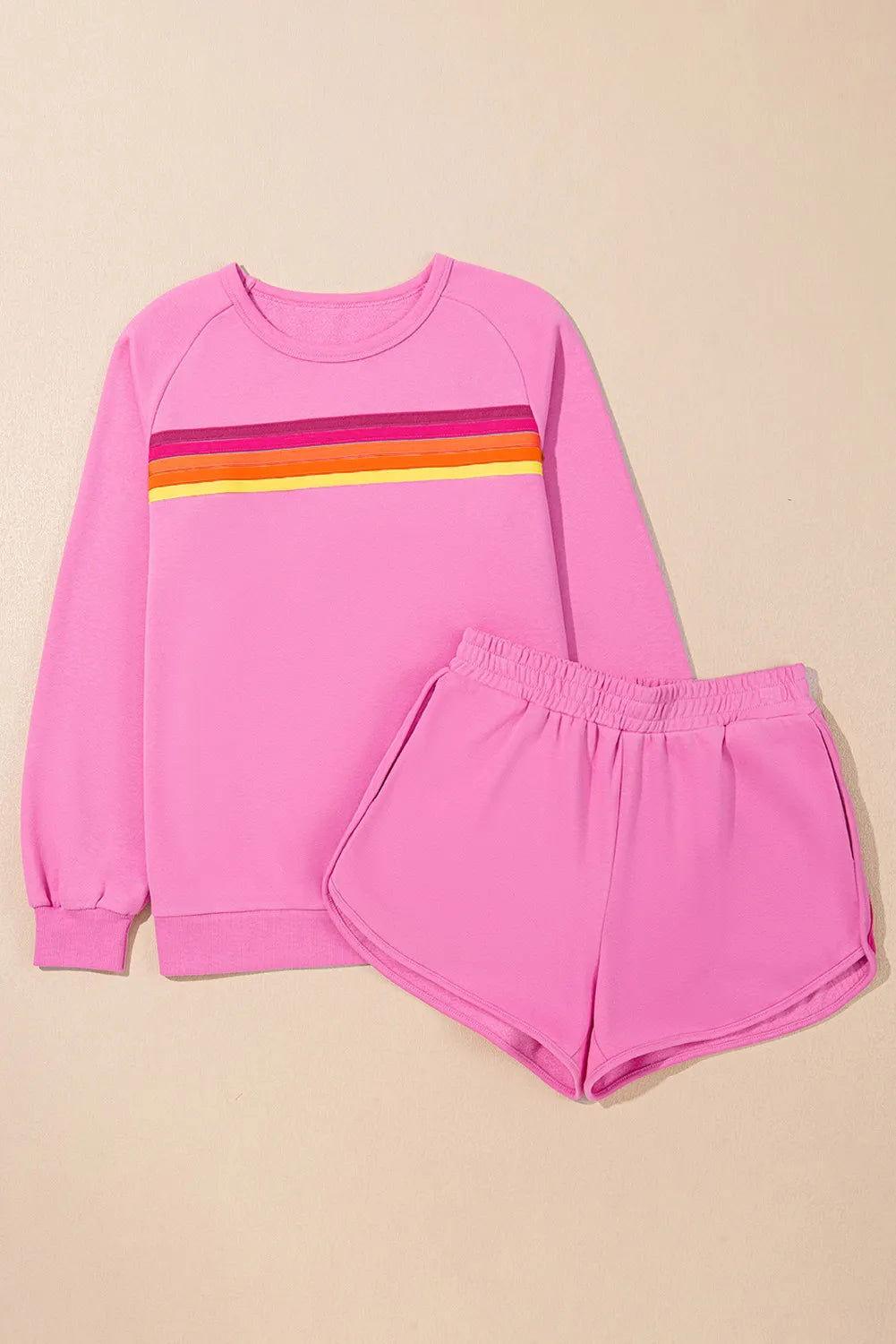 Full Size Contrast Striped Round Neck Top and Shorts Set - Clothes For Her Online Store
