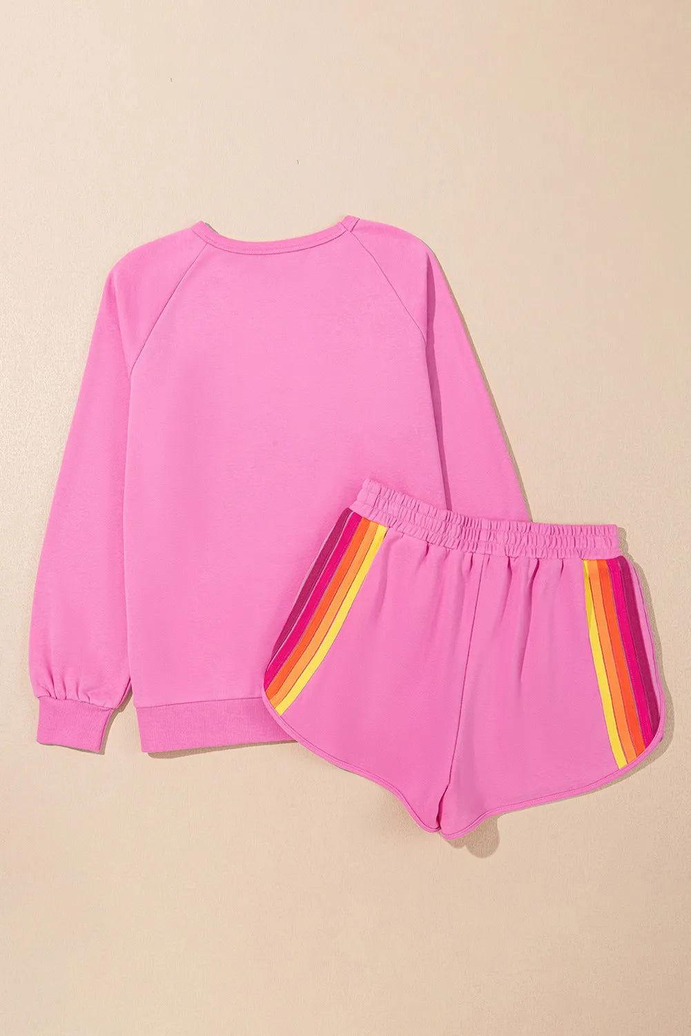 Full Size Contrast Striped Round Neck Top and Shorts Set - Clothes For Her Online Store