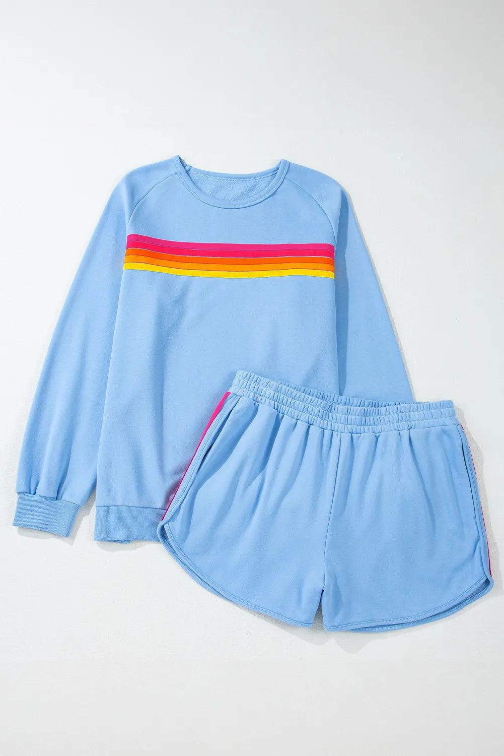 Full Size Contrast Striped Round Neck Top and Shorts Set - Clothes For Her Online Store