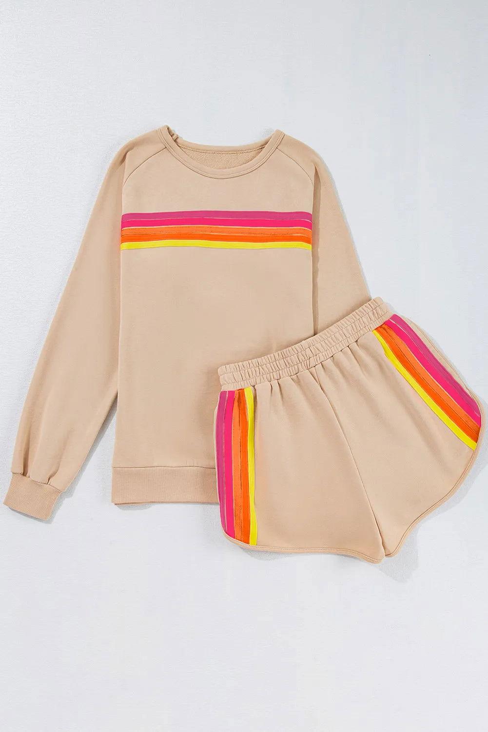 Full Size Contrast Striped Round Neck Top and Shorts Set - Clothes For Her Online Store