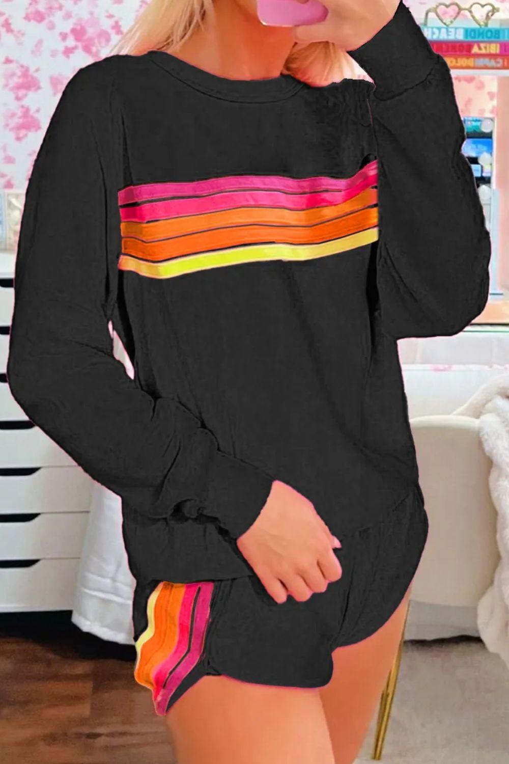 Full Size Contrast Striped Round Neck Top and Shorts Set - Clothes For Her Online Store
