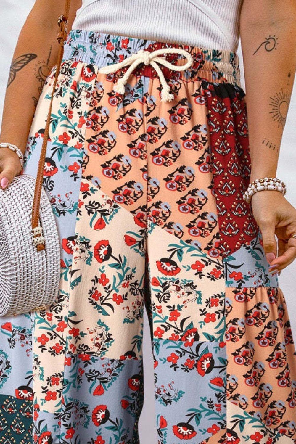 Full Size Drawstring Printed Wide Leg Pants - Clothes For Her Online Store