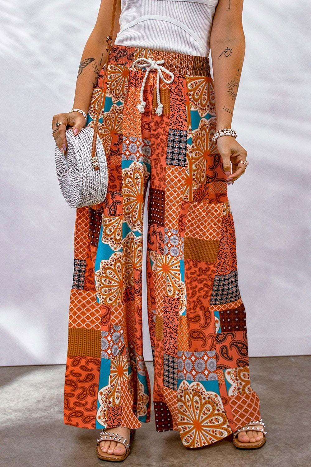 Full Size Drawstring Printed Wide Leg Pants - Clothes For Her Online Store