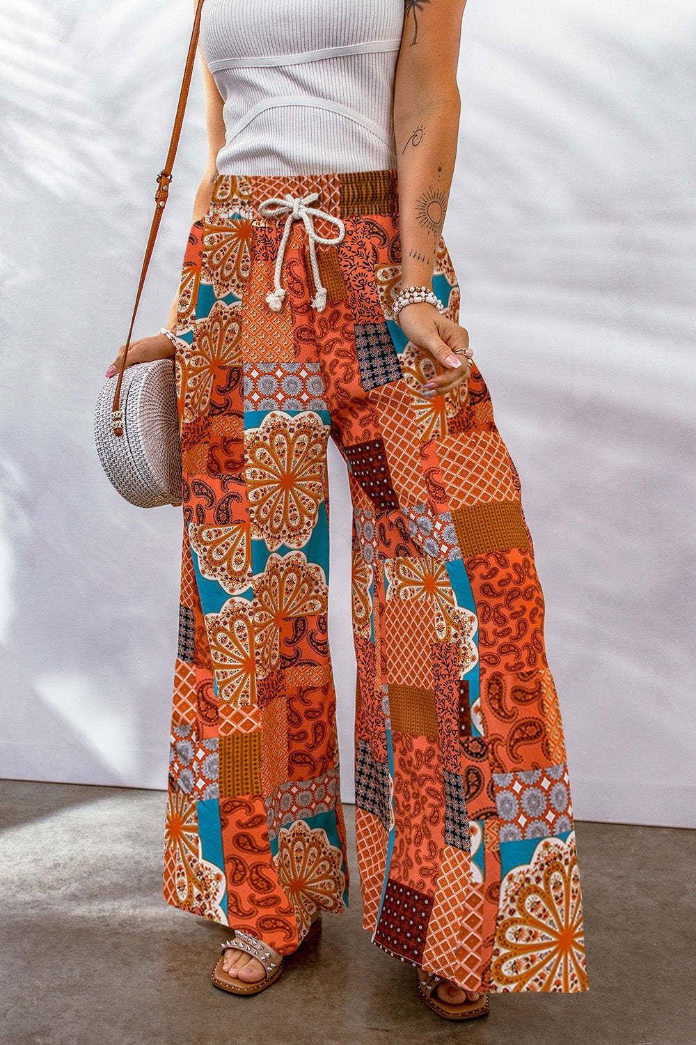 Full Size Drawstring Printed Wide Leg Pants - Clothes For Her Online Store