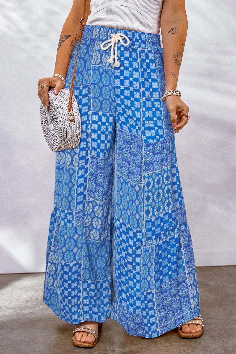 Full Size Drawstring Printed Wide Leg Pants - Clothes For Her Online Store