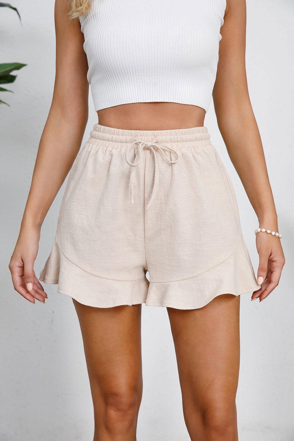 Full Size Drawstring Ruffle Hem Shorts - Clothes For Her Online Store