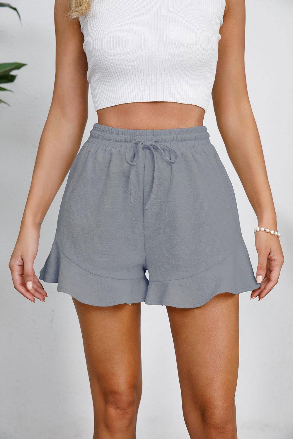 Full Size Drawstring Ruffle Hem Shorts - Clothes For Her Online Store
