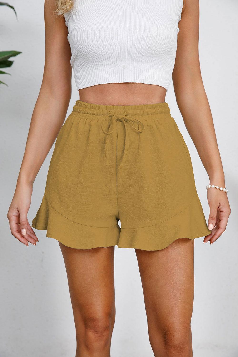 Full Size Drawstring Ruffle Hem Shorts - Clothes For Her Online Store