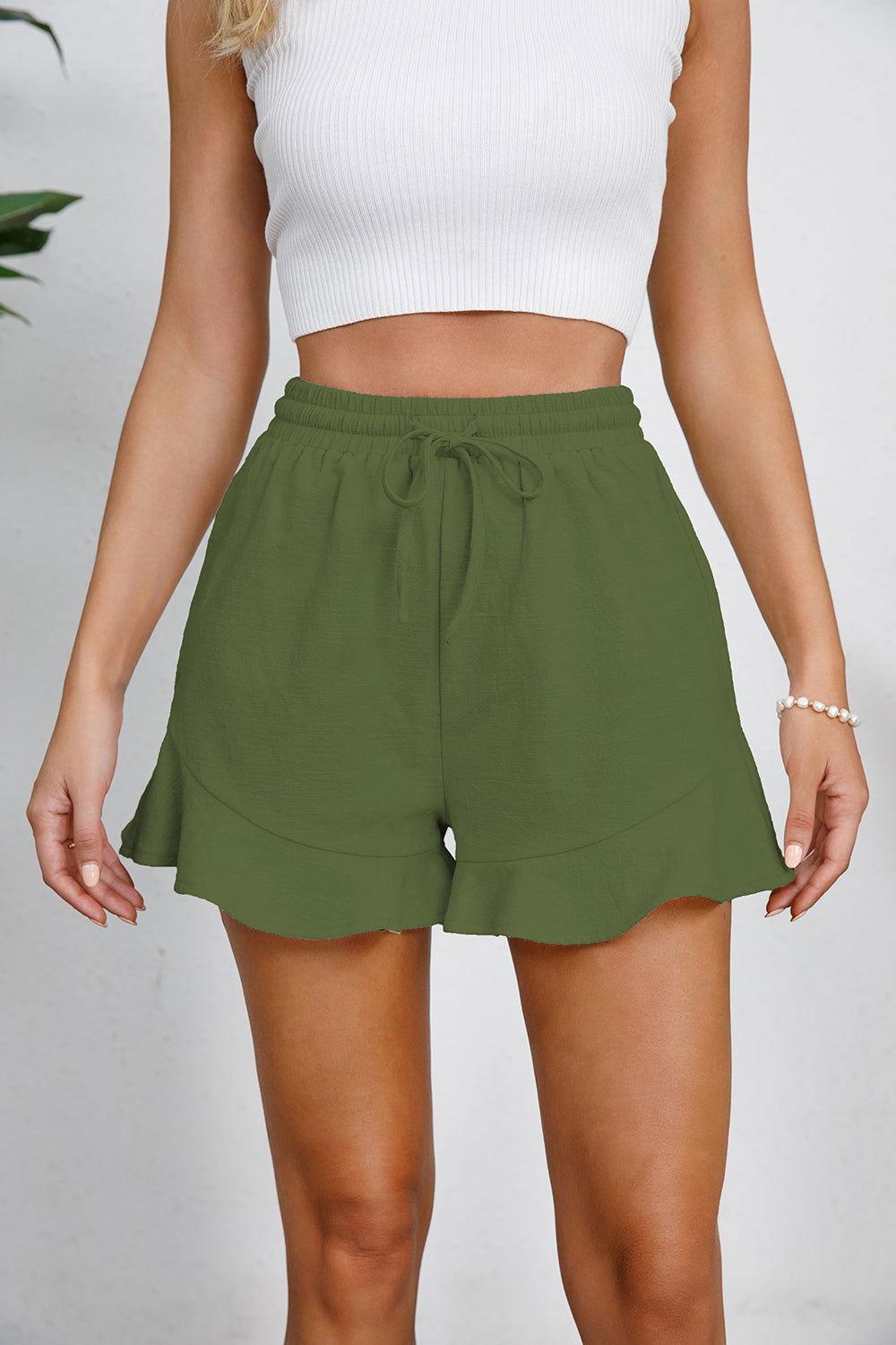 Full Size Drawstring Ruffle Hem Shorts - Clothes For Her Online Store