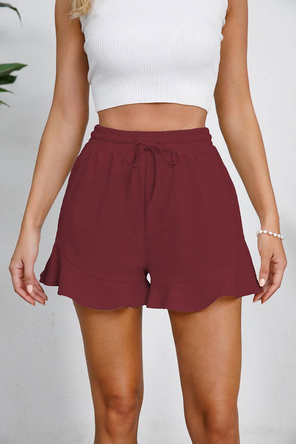 Full Size Drawstring Ruffle Hem Shorts - Clothes For Her Online Store