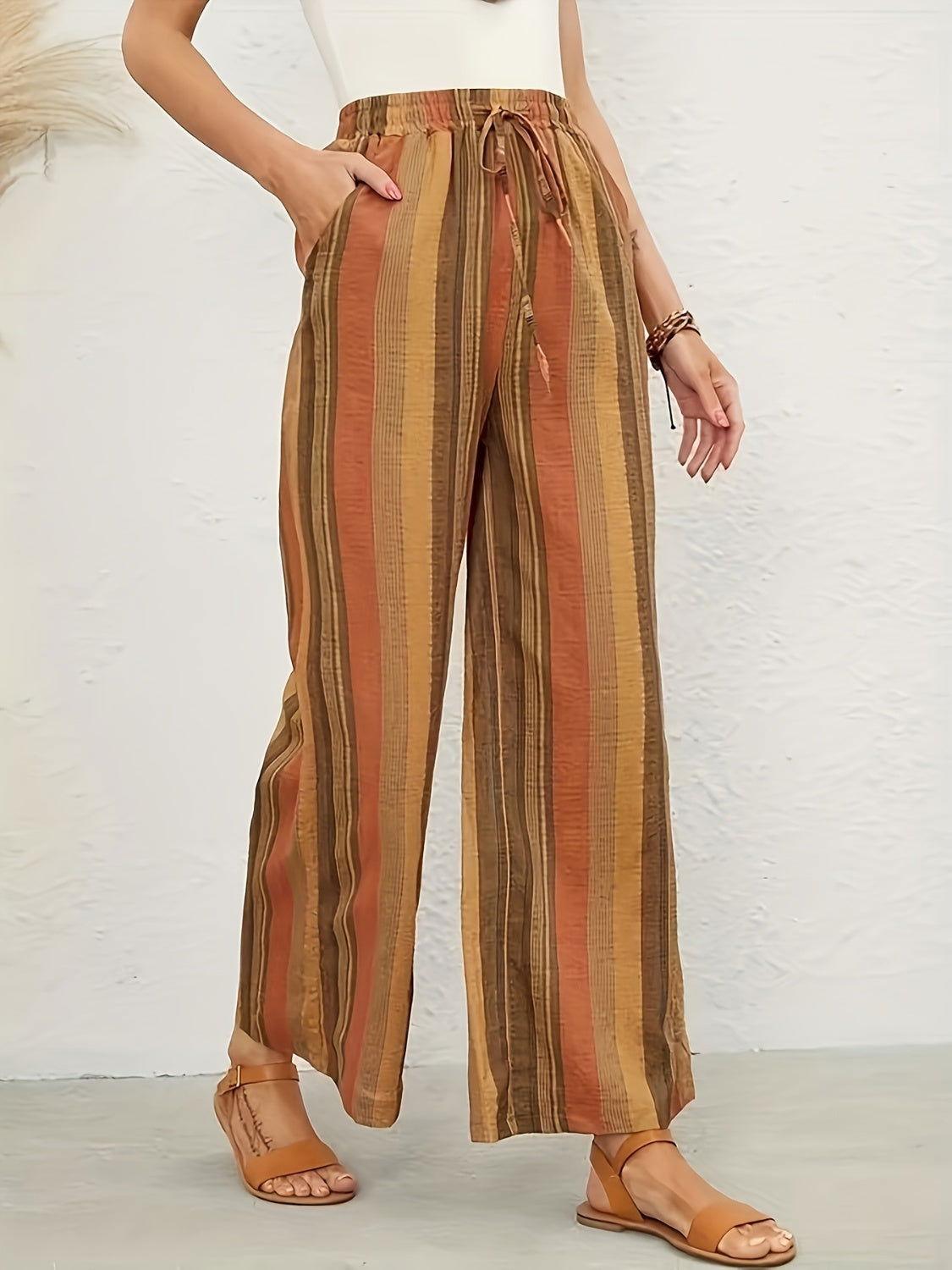 Full Size Drawstring Striped Wide Leg Pants - Clothes For Her Online Store